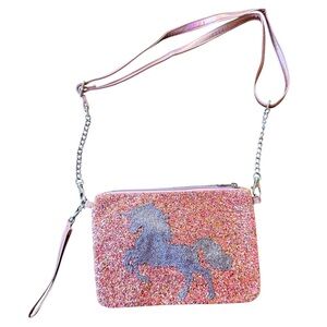 Justice Glitter Unicorn Crossbody Purse Pink Wristlet Shimmer Glitter Horse Bag